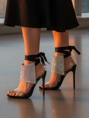 Black High Heel Sandals With Rhinestone Embellished Panels Clear Straps & Ribbon